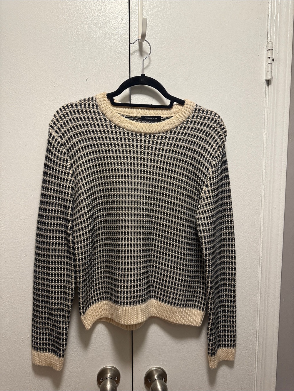 Surface to Air Black and Cream Waffle-Knit Crewneck Sweater